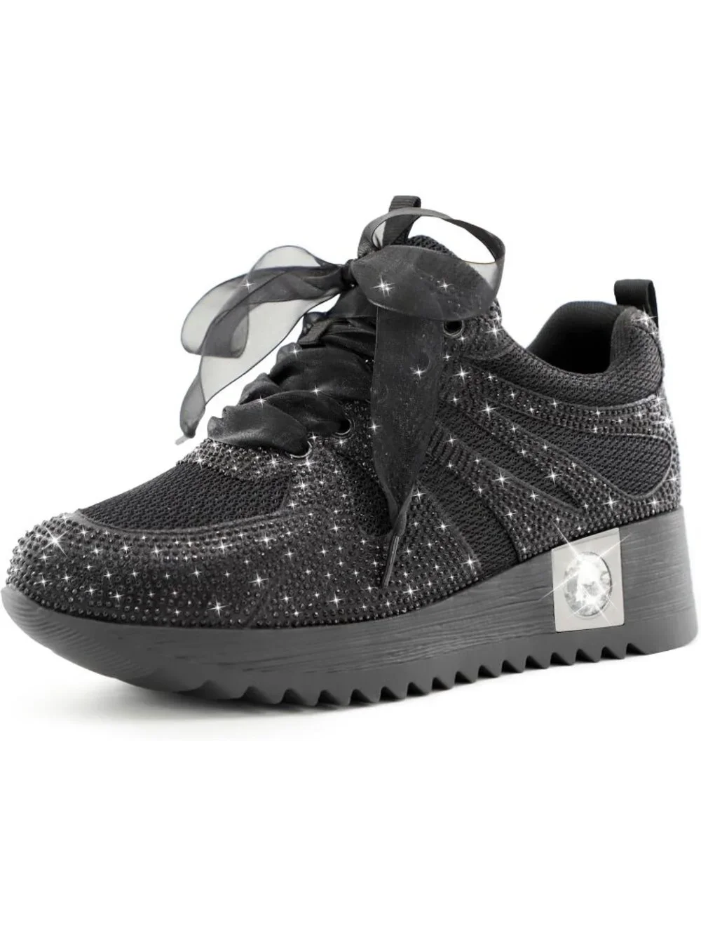 Women's Black With Mesh Glitter Sparkly Rhinestone High Top Trendy Sneakers